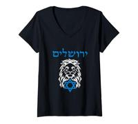 Womens Jerusalem in Hebrew with The Lion of Judah and Star of David V-Neck T-Shirt