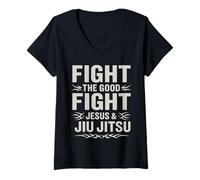 Womens Jesus and Jiu Jitsu Fight The Good Fight Christian BJJ V-Neck T-Shirt