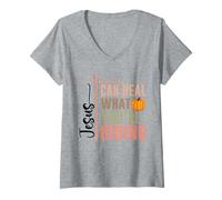 Womens Jesus Can Heal What Youre Hiding Pumpkin Faith V-Neck T-Shirt