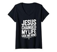 Womens Jesus Changed My Life Ask Me How Inspirational V-Neck T-Shirt