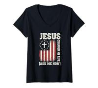 Womens Jesus Changed My Life, Ask Me How, Patriotic Faith Design V-Neck T-Shirt
