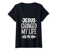 Women's Jesus Changed My Life Ask Me How V-Neck T-Shirt