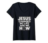 Women's Jesus Changed My Life Ask Me How V-Neck T-Shirt
