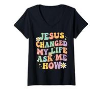 Women's Jesus Changed My Life Ask Me How V-Neck T-Shirt