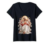 Women's Jesus Christ Coquette Christian Easter Crown Floral Rose Bow V-Neck T-Shirt