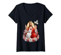 Women's Jesus Christ Coquette Christian Easter Dove Heart Crown Rose V-Neck T-Shirt