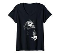 Women's Jesus Christ Crown of Thorns Black and White Line Art V-Neck T-Shirt