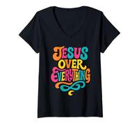 Womens Jesus Christ Over Everything - Vintage Colorful Christian V-Neck T-Shirt