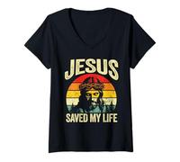 Womens Jesus Christ Saved My Life Christian Believer God Retro Men V-Neck T-Shirt