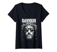 Women's Jesus Christ Saviour Retro Vintage Christian Pop Art V-Neck T-Shirt