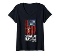 Womens Jesus Crucifix Rosary Patriotic American Flag V-Neck T-Shirt