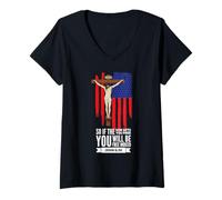 Womens Jesus Crucifix Rosary Patriotic American Flag V-Neck T-Shirt