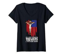 Womens Jesus Crucifix Rosary Patriotic American Flag V-Neck T-Shirt