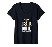 Womens Jesus Did It, Bold Cross Retro Bars Christian V-Neck T-Shirt
