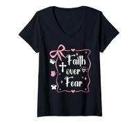 Womens Jesus Faith Over Fear Pink Bow Christian Cross Psalms 118:6 V-Neck T-Shirt