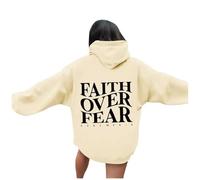 Womens Jesus Faith Over Fear Thin Hoodies Fall with Hood Christian Graphic Hooded Outfits Religious Essential Trendy Casual Beach Summer Sweatshirts Pray The Lord God Pullover Beige
