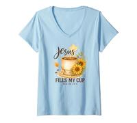 Womens Jesus Fills My Cup Psalm 23:5 Watercolor Sunflower V-Neck T-Shirt