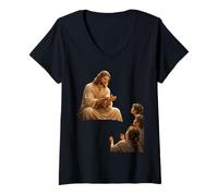 Women's Jesus Forming Birds from Clay Biblical Childhood Miracle V-Neck T-Shirt