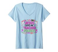 Womens Jesus Gives Me Teacher Powers Christian Teacher V-Neck T-Shirt