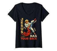 Womens Jesus Has Your Back Faith Lord God Christian Men Women Kids V-Neck T-Shirt