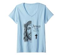 Womens Jesus Heals Hearts Christian Faith Healing Hope Love V-Neck T-Shirt