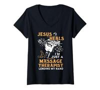 Womens Jesus Heals I'm Just A Massage Therapist Lending My Hand V-Neck T-Shirt