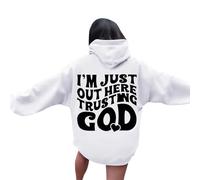 Women's Jesus Im Just Out Here Trusting God Matching Couples Hoodies Loose Fit Hooded Christian Casual Pullover Outfits Religious Cartoon Y2K Graphic Crewneck Trendy Long Sleeve Tops White