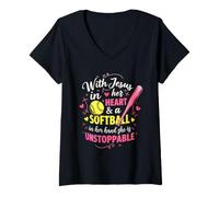 Women's Jesus in Her Heart Softball Hand She is Unstoppable Pitcher V-Neck T-Shirt