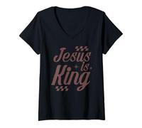 Womens Jesus is King Retro Christian Faith Typography Scripture V-Neck T-Shirt