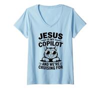 Women's Jesus is My Copilot and We're Cruising for Cats Biblical V-Neck T-Shirt