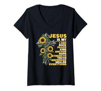 Womens Jesus is My Inspirational Quotes Floral Cross Christian V-Neck T-Shirt