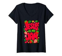 Women's Jesus is My Jam Cute Christian Strawberry Faith V-Neck T-Shirt