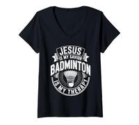 Womens Jesus is My Savior Badminton is My Therapy V-Neck T-Shirt