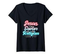 Womens Jesus is My Savior Christian Faith Bible Verse Statement V-Neck T-Shirt