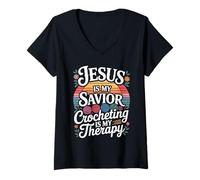 Womens Jesus is My Savior Crocheting Therapy V-Neck T-Shirt
