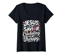 Womens Jesus is My Savior Crocheting Therapy V-Neck T-Shirt