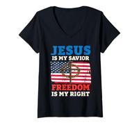 Womens Jesus Is My Savior Freedom Is My Right Cross Flag V-Neck T-Shirt