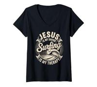 Women's Jesus is My Savior Surfing is My Therapy Faith Surf V-Neck T-Shirt