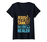 Womens Jesus is My Tank The Holy Spirit My Healer Christian Gamer V-Neck T-Shirt