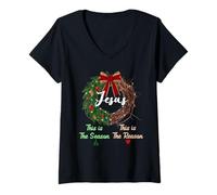 Womens Jesus is The Reason for The Season Christian Xmas Wreath V-Neck T-Shirt