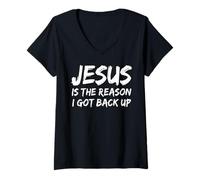Womens Jesus is The Reason I Got Back Up Believer Faith Christian V-Neck T-Shirt
