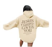 Women's Jesus Jesus Christ Loves You Oversized Hoodies Loose Fit Casual Christian Letter Pullover Tops I Love Jesus Y2K Graphic Hooded Sweaters Country Pray The Lord Religious Beige