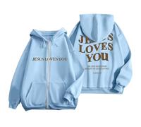 Women's Jesus Jesus Loves You Backwoods Hoodies Zipper Christian 2025 Cool Pullover Faith Clothes for Teens Drawstring Fleece Lined Graphic Goth Sweatshirts Pray The Lord God Outfits Sky Blue