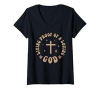 Womens Jesus Living Proof of A Loving God Cross Christian V-Neck T-Shirt