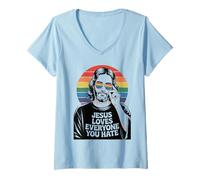 Womens Jesus Loves Everyone You Hate Pride Month Rainbow LGBTQ V-Neck T-Shirt