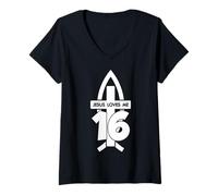 Womens Jesus Loves ME 16 Religious 16 Years Jesus 16TH Birthday V-Neck T-Shirt