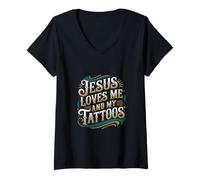 Womens Jesus Loves Me And My Tattoos Faith Ink Positive |----- V-Neck T-Shirt
