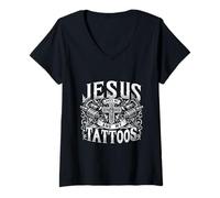 Womens Jesus Loves Me And My Tattoos Tattooed Christian Artist V-Neck T-Shirt