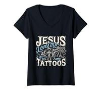 Womens Jesus Loves Me And My Tattoos Tattooed Christian Artist V-Neck T-Shirt