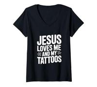 Women's Jesus Loves Me and My Tattoos V-Neck T-Shirt